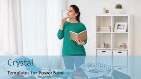  Presentation with luggage - Amazing presentation theme having tourism travel people and luggage concept - happy young woman with notebook planning her trip at home backdrop and a light blue colored foreground