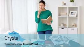  Presentation with luggage - Beautiful slide deck featuring tourism travel people and luggage concept - happy young woman with notebook planning her trip at home backdrop and a light blue colored foreground