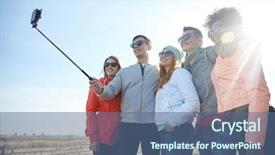  Presentation with tourism selfie - Presentation design enhanced with tourism travel people leisure and technology concept - group of smiling teenage friends taking selfie with smartphone and monopod on city street background and a ocean colored foreground