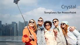  Presentation with tourism selfie - Slide deck enhanced with tourism travel people leisure and technology concept - group of smiling teenage friends taking selfie with smartphone and monopod over singapore city background background and a light blue colored foreground