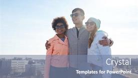  Presentation with travel friends - Presentation consisting of tourism travel people leisure and teenage concept - group of happy friends in sunglasses hugging and talking on city street background and a seafoam green colored foreground