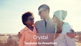  Presentation with travel friends - PPT theme enhanced with tourism travel people leisure and teenage concept - group of happy friends in sunglasses hugging and talking on city street background and a coral colored foreground