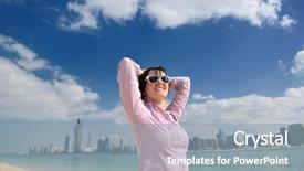  Presentation with abu dhabi - Slide set consisting of tourism visitor centre - beautiful young woman tourist background and a  colored foreground