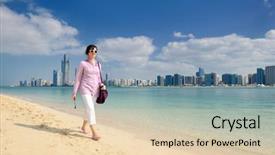 Presentation with abu dhabi - PPT theme enhanced with tourism visitor centre - beautiful young woman tourist background and a  colored foreground