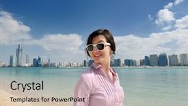  Presentation with abu dhabi - Amazing slide set having tourism visitor centre - beautiful young woman tourist backdrop and a  colored foreground