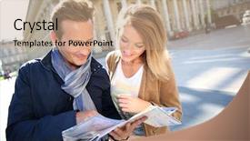  Presentation with city line map - Beautiful PPT layouts featuring tourism visitor centre - cheerful couple in bordeaux reading backdrop and a coral colored foreground