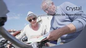  Presentation with fun fair swinging ride - Cool new presentation with tourism visitor centre - senior couple having fun riding backdrop and a light blue colored foreground