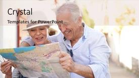  Presentation with city map - Audience pleasing presentation design consisting of tourism visitor centre - senior couple of tourists looking backdrop and a soft green colored foreground