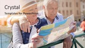  Presentation with city line map - Colorful presentation theme enhanced with tourism visitor centre - senior couple of tourists looking backdrop and a  colored foreground