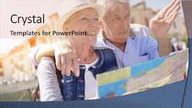  Presentation with senior couple - Slide deck having tourism visitor centre - senior couple of tourists looking background and a coral colored foreground