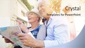  Presentation with city line map - Presentation design consisting of tourism visitor centre - senior couple of tourists looking background and a lemonade colored foreground