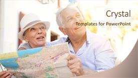 Presentation with city line map - Presentation design enhanced with tourism visitor centre - senior couple of tourists looking background and a cream colored foreground