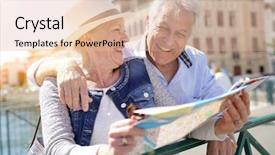  Presentation with senior couple - Colorful presentation enhanced with tourism visitor centre - senior couple of tourists looking backdrop and a lemonade colored foreground