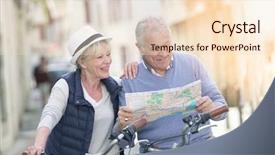  Presentation with man riding big bike motor - Beautiful presentation theme featuring tourism visitor centre - senior couple riding bikes backdrop and a lemonade colored foreground