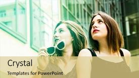  Presentation with helping others two hands woman - PPT theme having tourism visitor centre - two beautiful hipster woman wearing background and a  colored foreground