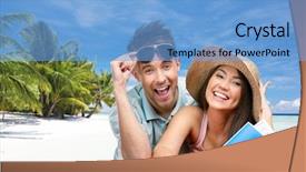  Presentation with romantic beach - Presentation theme having tourist attraction - couple packs up suitcase background and a light blue colored foreground
