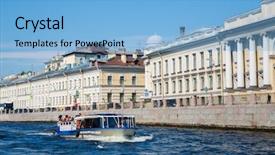  Presentation with boat river - Amazing PPT theme having tourist boat on the river backdrop and a light blue colored foreground