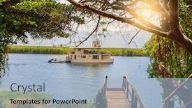  Presentation with boat river - Beautiful slides featuring tourist-boat-sailing backdrop and a light blue colored foreground
