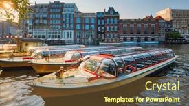  Presentation with canal - Slide deck with tourist-boats-moored-in-amsterdam background and a tawny brown colored foreground