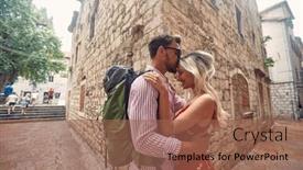  Presentation with old people - PPT theme consisting of tourist-couple-cuddling-on-street background and a violet colored foreground