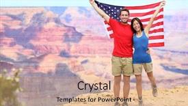  Presentation with young happy couple - Audience pleasing PPT theme consisting of tourist couple holding american flag backdrop and a coral colored foreground