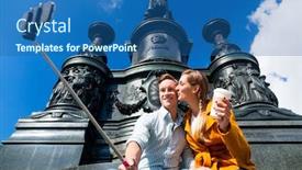  Presentation with selfie - Beautiful presentation theme featuring tourist-couple-taking-selfie backdrop and a ocean colored foreground