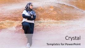  Presentation with petra - Amazing theme having tourist girl with hijab visiting petra in jordan backdrop and a lemonade colored foreground