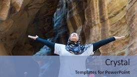  Presentation with petra - Beautiful PPT theme featuring tourist girl with hijab visiting petra in jordan backdrop and a light blue colored foreground