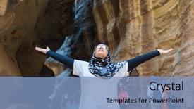  Presentation with petra jordan - PPT layouts having tourist girl with hijab visiting petra in jordan background and a light blue colored foreground