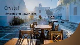  Presentation with windows doors - Cool new PPT layouts with tourist-greece-scene-restaurant-cafe backdrop and a light blue colored foreground