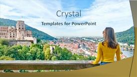  Presentation with tourist - Colorful slide set enhanced with tourist-in-heidelberg-town backdrop and a sky blue colored foreground