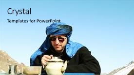  Presentation with morocco - Presentation theme having tourist-in-morocco-drinking-tea background and a light blue colored foreground