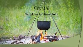  Presentation with forest fire - Presentation design featuring tourist-kettle-over-camp-fire background and a seafoam green colored foreground