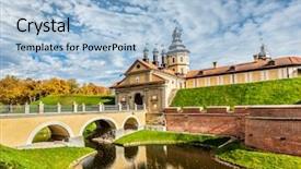  Presentation with tourist - Presentation theme enhanced with tourist landmark attraction nesvizh castle background and a light blue colored foreground