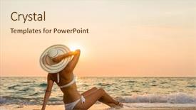  Presentation with sunset beach - Amazing PPT layouts having tourist magazine - woman in bikini and straw backdrop and a  colored foreground