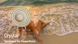  Presentation with being a single woman - Beautiful PPT layouts featuring tourist magazine - woman in bikini and straw backdrop and a  colored foreground