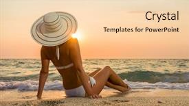  Presentation with sunset beach - Audience pleasing slide deck consisting of tourist magazine - woman in bikini and straw backdrop and a  colored foreground