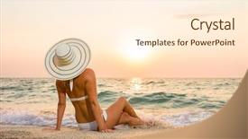  Presentation with sunset beach - Audience pleasing PPT theme consisting of tourist magazine - woman in bikini and straw backdrop and a  colored foreground