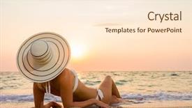  Presentation with sunset beach - Slides having tourist magazine - woman in bikini and straw background and a  colored foreground