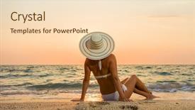  Presentation with sunset beach - Theme with tourist magazine - woman in bikini and straw background and a  colored foreground