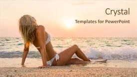  Presentation with old big bike on white - Theme featuring tourist magazine - woman in white bikini background and a  colored foreground