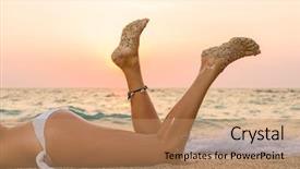  Presentation with sunset beach - Theme featuring tourist magazine - woman in white bikini background and a  colored foreground