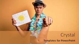 Presentation with hawaiian flowers - PPT theme consisting of tourist-man-on-vacation-wearing background and a gold colored foreground
