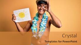  Presentation with hawaiian flowers - Cool new PPT theme with tourist-man-on-vacation-wearing backdrop and a gold colored foreground