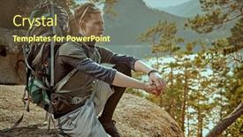  Presentation with mountain hiking - PPT theme consisting of tourist-mountaineer-with-a-backpack background and a tawny brown colored foreground