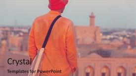  Presentation with building uzbekistan - Theme enhanced with tourist near ancient historic building background and a coral colored foreground
