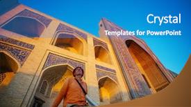  Presentation with building uzbekistan - Colorful presentation enhanced with tourist near ancient historic building backdrop and a teal colored foreground
