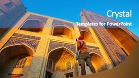  Presentation with building uzbekistan - Presentation theme featuring tourist near ancient historic building background and a teal colored foreground