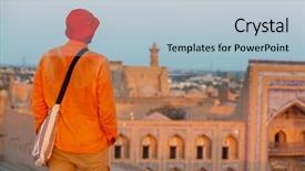  Presentation with building uzbekistan - Presentation design consisting of tourist near ancient historic building background and a lemonade colored foreground