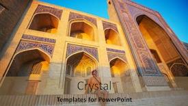  Presentation with building uzbekistan - Amazing PPT layouts having tourist-near-ancient-historic-building backdrop and a coral colored foreground